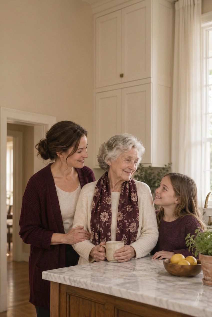 A caregiver with an older adult and her young grandchild in a sunlit kitchen at home