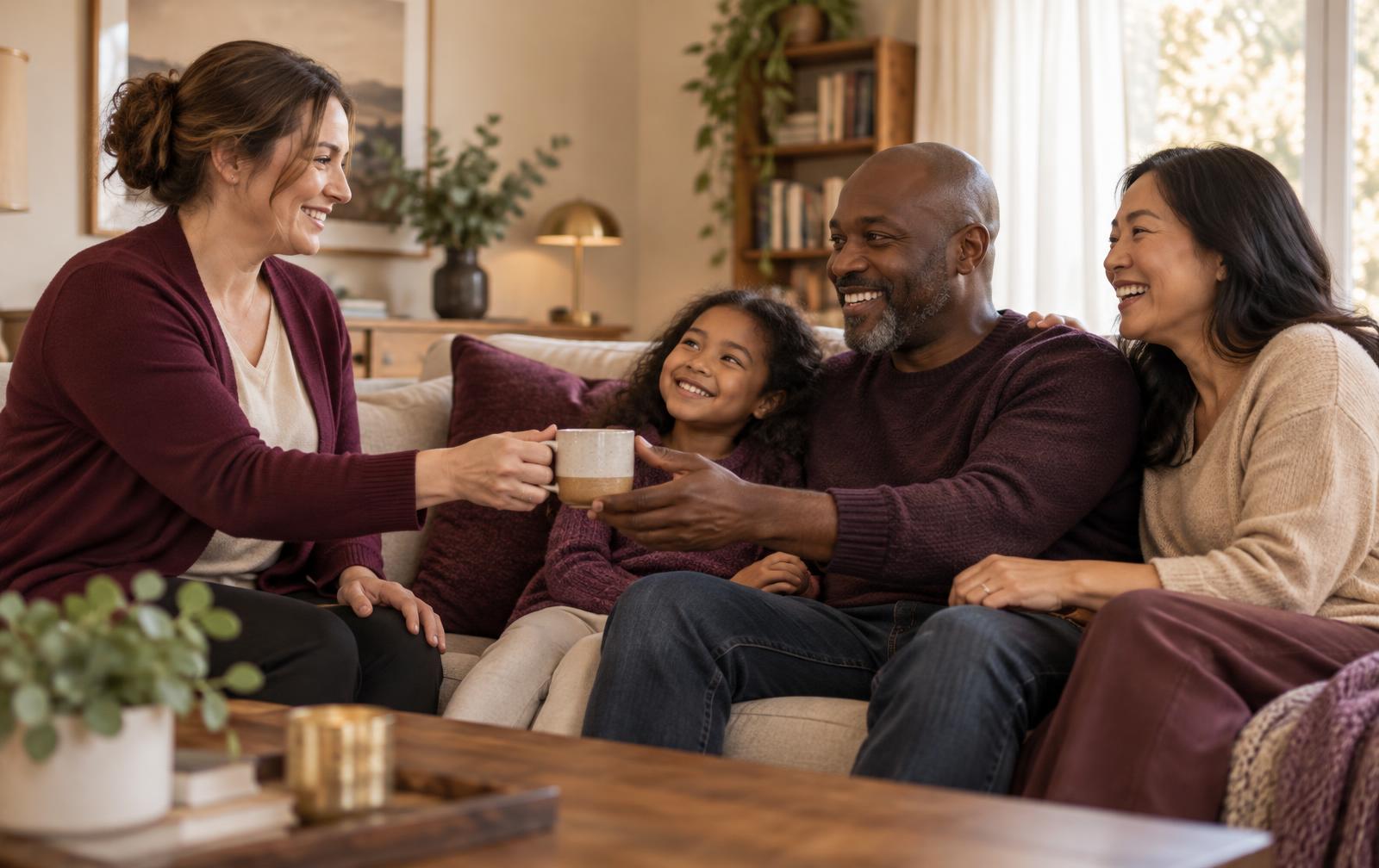 A caregiver sharing a cup of tea with a multiracial family relaxing together in their living room